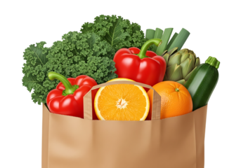 A brown paper grocery bag overflowing with fresh vibrant red bell peppers oranges and green vegetables isolated on transparent background