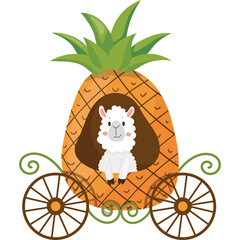Obraz premium Cute White Llama Rides In A Pineapple Carriage with Green Swirls on Transparent Background