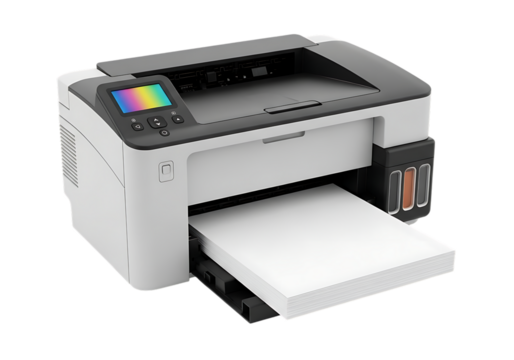 Modern multifunction laser printer with color touchscreen and paper tray isolated on transparent background - Powered by Adobe
