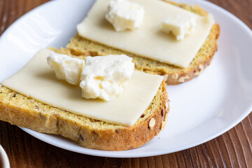 Close-Up of European Cheeses on Bread