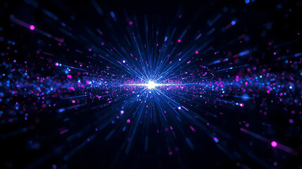 Abstract hyperspace jump background with blue and purple light trails conveying speed and acceleration through the universe