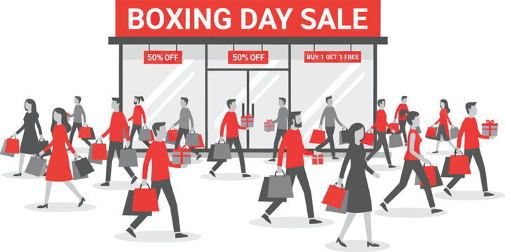 Illustration of people shopping at a Boxing Day sale at a store.