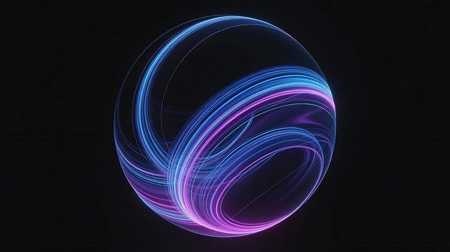 Abstract sphere with glowing blue and purple light trails against dark background