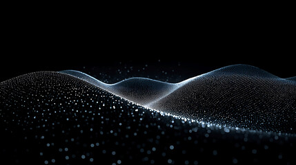Abstract Wave of Glowing Particles on Black Background Dynamic Digital Landscape Illustration