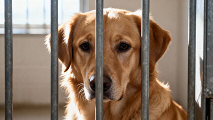 Hyperrealistic photo of a shelter dog behind metal bars with calm yet emotional expression