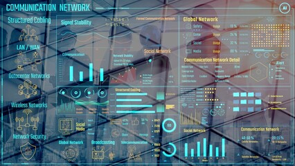 Data center monitoring dashboard visualize network performance, connection status, usage rate, and telecommunication insight. Data center monitoring efficiency improvement network transparency. Thunk