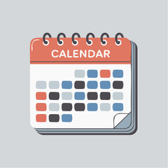 A cartoon illustration of a desk calendar with a red top and various colored squares representing dates or events on its pages.