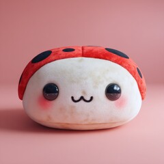 Cute fluffy plush toy with ladybug shell on pink background.
