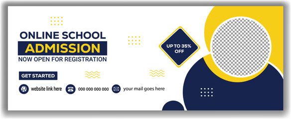 Online school admission web banner design, digital education enrollment advertisement template for registration.