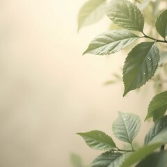 Fresh green leaves with water droplets on soft blurred background  