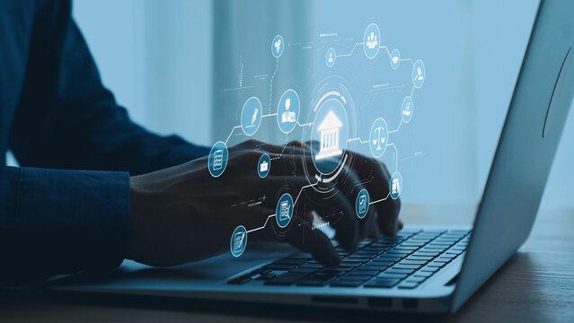 Futuristic digital law interface displaying justice scale, highlighting digital law, AI compliance, digital law systems, and digital law regulations for secure governance. Elide