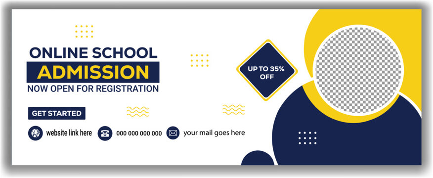 Online school admission web banner design, digital education enrollment advertisement template for registration.