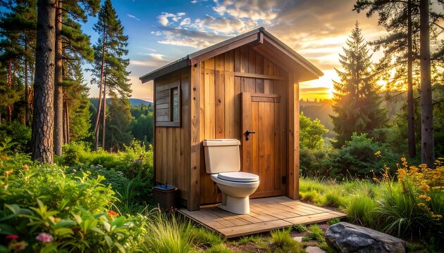 A rustic outhouse stands nestled in a lush forest, backlit by the warm glow of the setting sun