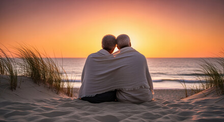 Elderly couple sitting on sandy beach wrapped in blanket watching peaceful ocean sunset surrounded by dune grass and tranquil sky