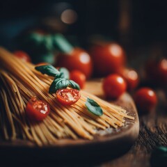Spaghetti and fresh tomatoes with basil leaves on a wooden board.