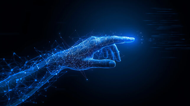Digital hand touching future technology interface with glowing light and network connections on dark background