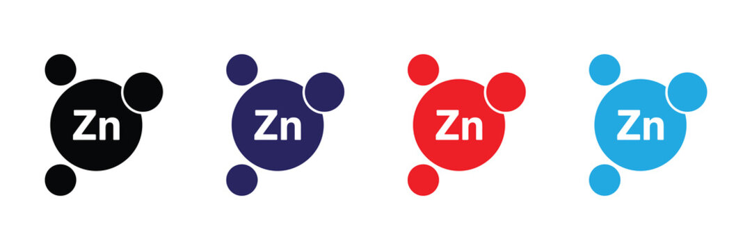 Colorful zinc element icons representing zn symbol with atomic structure, essential health mineral science concept isolated on white background