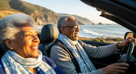 Happy senior couple driving a convertible along a scenic coastal highway, enjoying a sunny day with ocean waves and mountain views