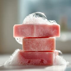 Stack of pink soap bars covered in bubbles.