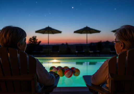 Two seniors relaxing by a pool at twilight, watching colorful beach balls float, peaceful evening under clear sky with stars visible