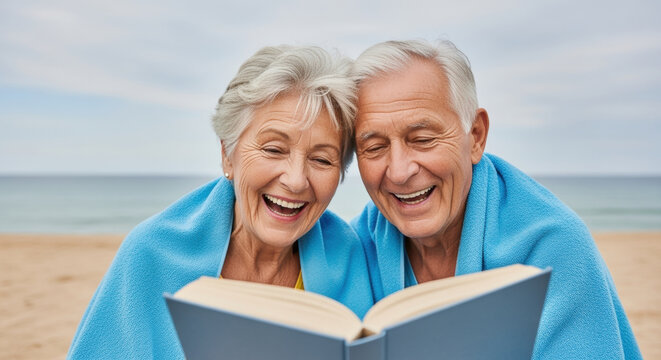 Senior couple wrapped in blue blanket reading together on the beach enjoying a happy and relaxing day outdoors - Powered by Adobe