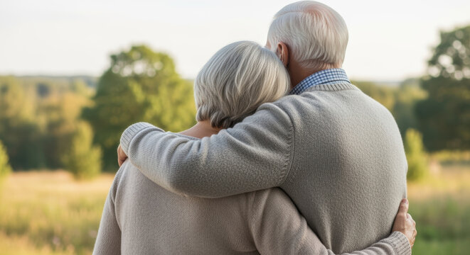 Elderly couple embracing outdoors in a scenic park enjoying peaceful retirement and nature on a sunny afternoon together