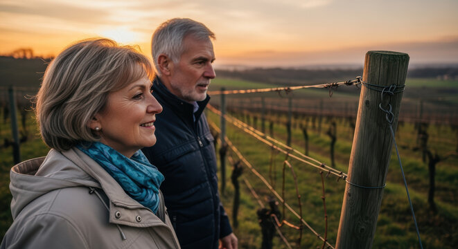Senior couple enjoying peaceful walk through rural vineyard at sunset, appreciating nature and tranquil outdoor countryside landscape