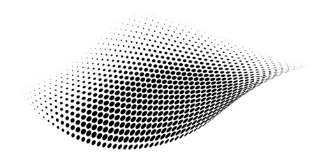 Abstract dotted wave. Halftone curved shape in black color isolated on white background. Curved and twisted gradients form. Trendy graphic vector illustration.