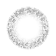 Halftone circle frame with dotted gradient effect. Abstract round border made of random black and gray dots on white background. Minimalist style vector illustration.
