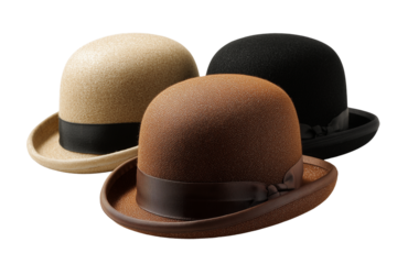  bowler hats in beige, black, and brown isolated on transparent White background png