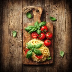 Pasta with tomatoes and basil on a rustic wooden board.