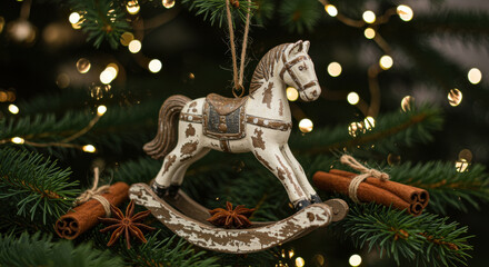 Rustic wooden rocking horse ornament hanging on christmas tree branches with festive lights, cinnamon sticks, and star anise