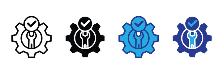 Completed service settings icon set: reliable system maintenance and verified technical support isolated on white background