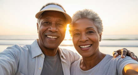 Joyful senior couple smiling at the beach during sunset, embracing a healthy lifestyle and happiness in their golden years together