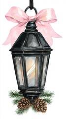 Beautiful Watercolor Lantern With Pine Decoration and Pink Ribbon on White Background Generative AI