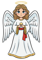 Cute cartoon Christmas angel with star. Holiday guardian angel vector illustration. Female angel with halo and wings. Nativity scene angel character. Little angel holding golden star