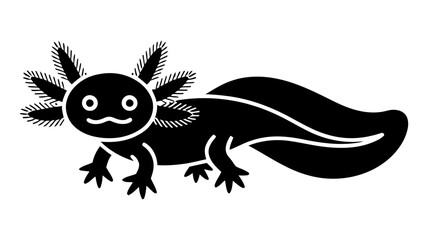 Black silhouette of a unique axolotl, an intriguing amphibian known as mexican walking fish, showcasing its distinctive external gills and tail