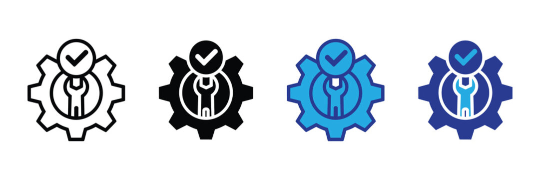 Completed service settings icon set: reliable system maintenance and verified technical support isolated on white background