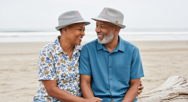 Joyful mature couple sitting on driftwood at the beach, sharing a happy moment together in matching hats and casual summer outfits