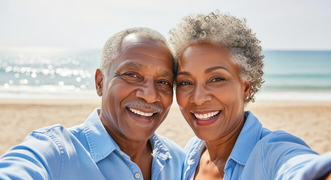 Smiling senior couple enjoying a day at the beach together, capturing a joyful moment with the ocean in the background