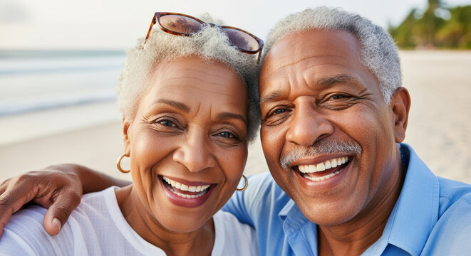 Happy senior couple embracing and smiling together on a sunny beach during retirement relaxation and enjoying peaceful seaside moments