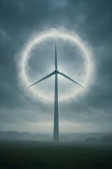 Wind Turbine Surrounded by Mist and Cloud Halo