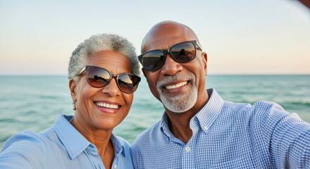 Smiling senior couple wearing sunglasses taking a selfie together outdoors with ocean background during sunset at the beach