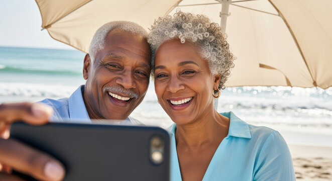 Smiling senior couple taking a selfie under a beach umbrella, enjoying a sunny day by the ocean with joyful expressions