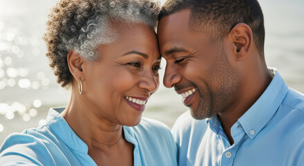 Joyful mature couple embracing outdoors, smiling with foreheads together near water on a sunny day