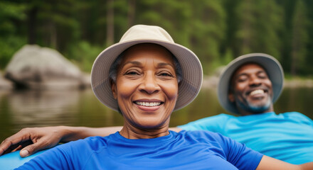 Smiling senior woman relaxing outdoors in a hat with man in background, enjoying peaceful nature and leisure by the water