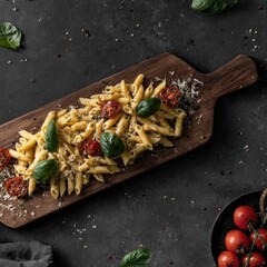 Penne pasta dish with cherry tomatoes and basil garnishes.