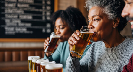Senior woman enjoying craft beer tasting with friends in a lively pub, exploring different flavors in a casual social setting