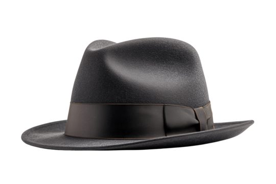 Structured fedora in charcoal grey with a contrasting silk ribbon isolated on transparent White background png