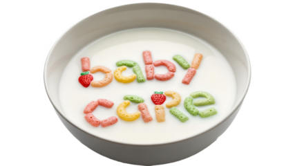 Baby care message in cereal letters with strawberries in milk bowl with transparent background
